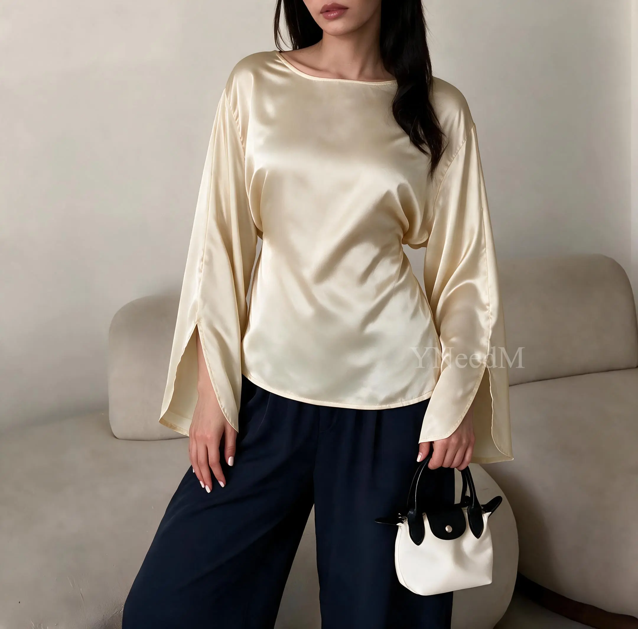 YNeedM Satin Slit Flare Sleeve Modest Casual Blouse UK One Size 6-12