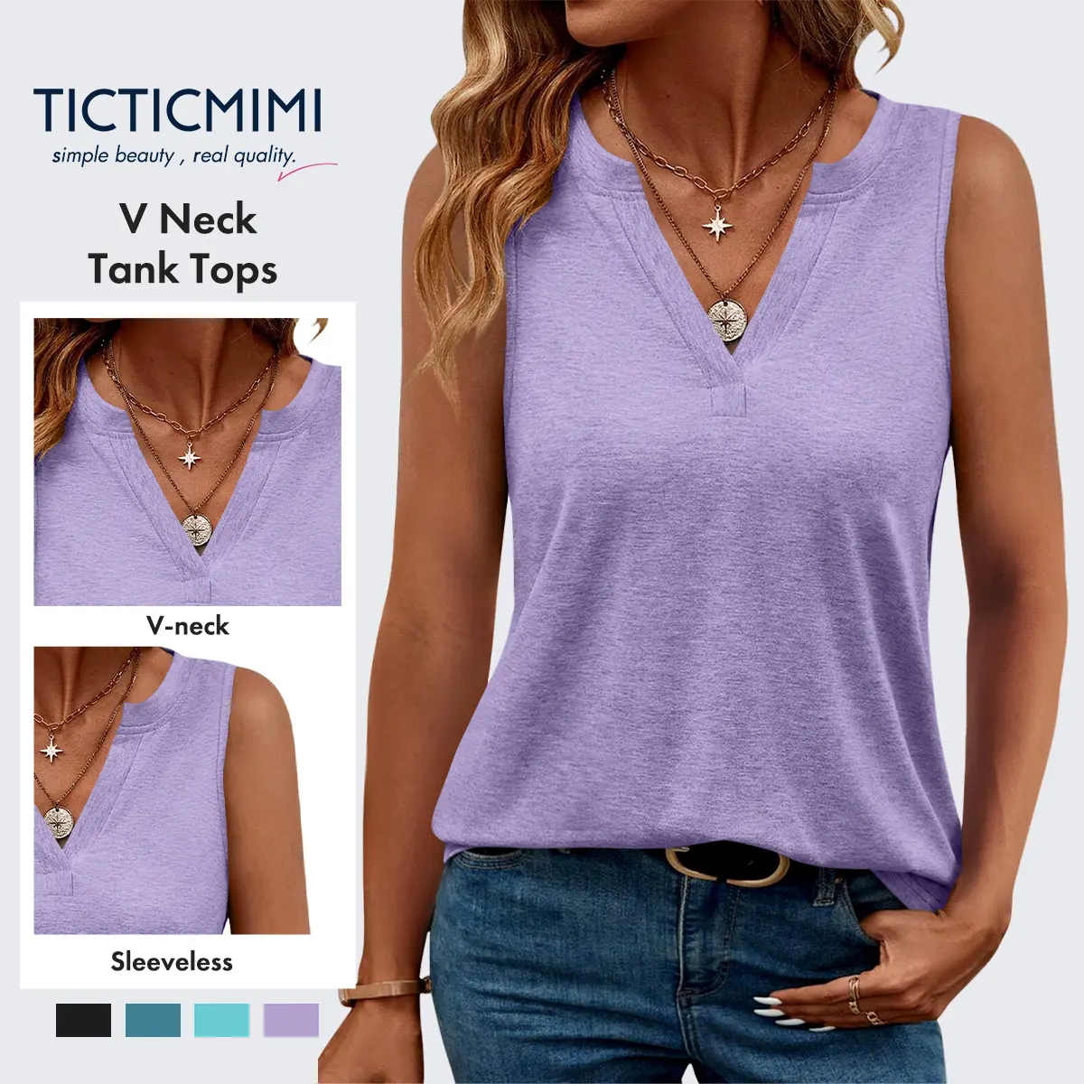 TICTICMIMI Women's V Neck Tank Tops Summer Casual Sleeveless Shirts Minimalist Womenswear