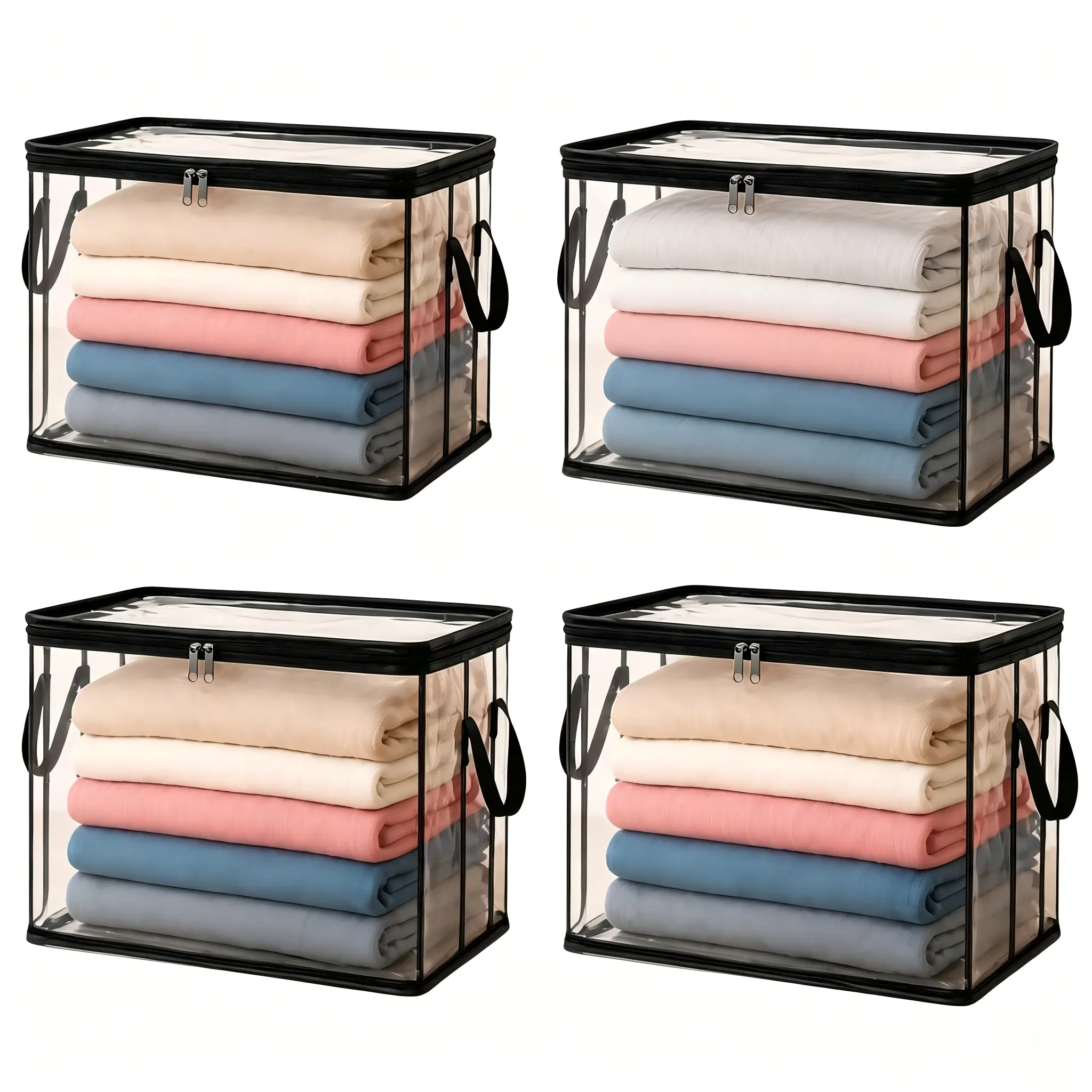 Clear Storage Box with Zipper Handles, 4PCS Extra Large Storage Bags for Clothes Blankets Toys Moving Foldable Closet Organizer Storage Containers