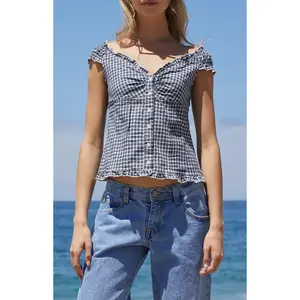 John Galt Women's White & Blue Plaid Elena Top