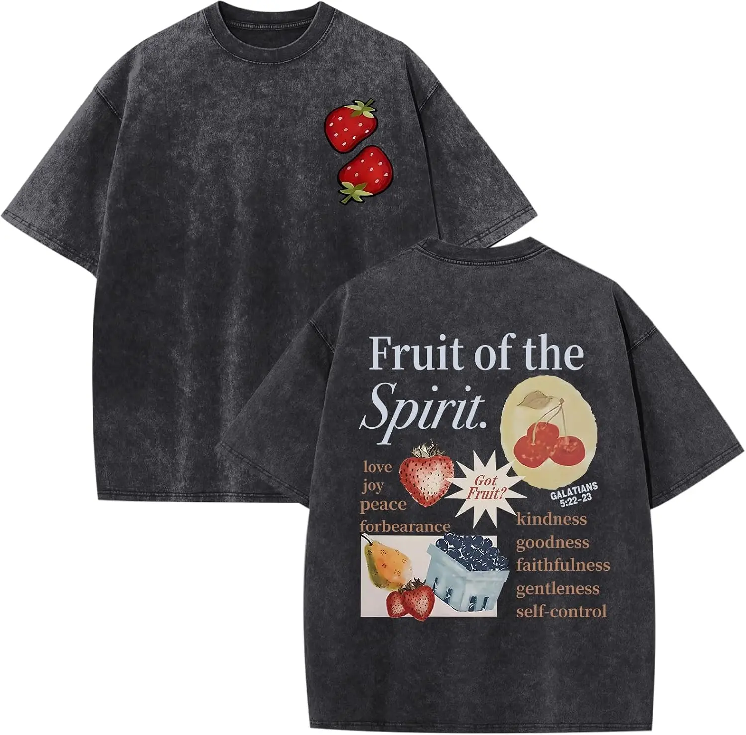 Vintage Fruit of the Spirit Double-Sided Christian T-Shirt, Washed Black Oversized Cotton Crewneck Tee, Front Strawberry Embroidery Back Galatians 5:22 Fruit Scripture Retro Faith Fruit Patch Streetwear Gift Top