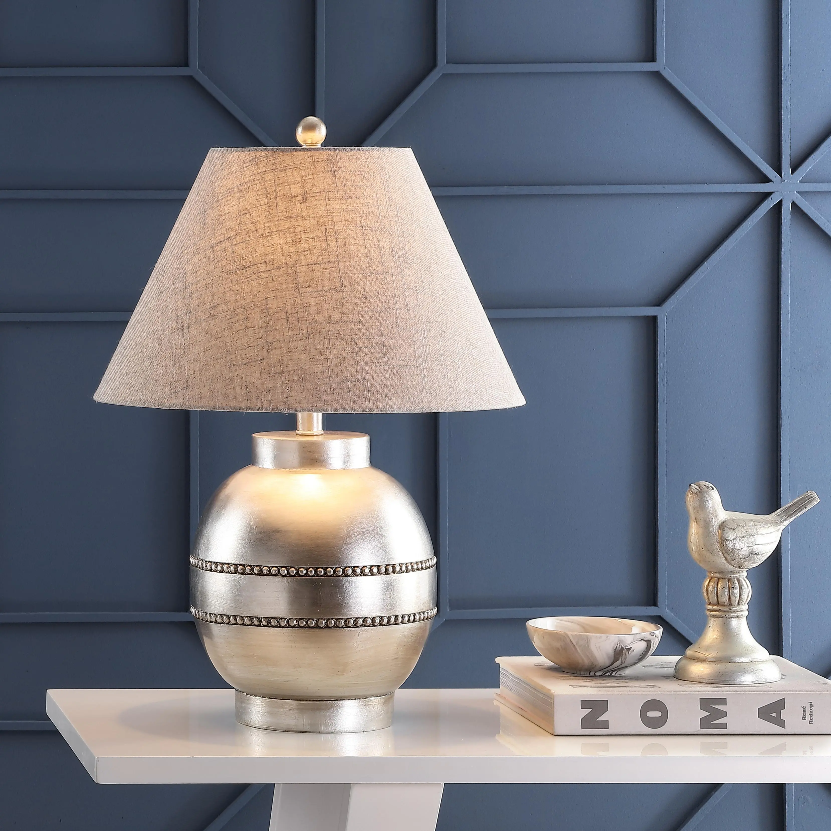 JONATHAN Y Zelda LED Table Lamp Textured Resin 24.5", Antique Silver | Gray Linen Shade, Contemporary Style, UL Listed, Rotary Switch, 60" Silk Cord, Bulb Included, Table Lamps, Led Desk Lamp