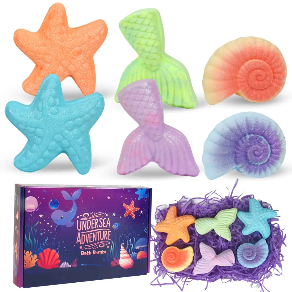 Mermaid Theme Bath Cube Gift Set, 6 Individually Wrapped Bath Bombs with Essential Oils, Perfect Birthday Christmas Mother's Day Gift