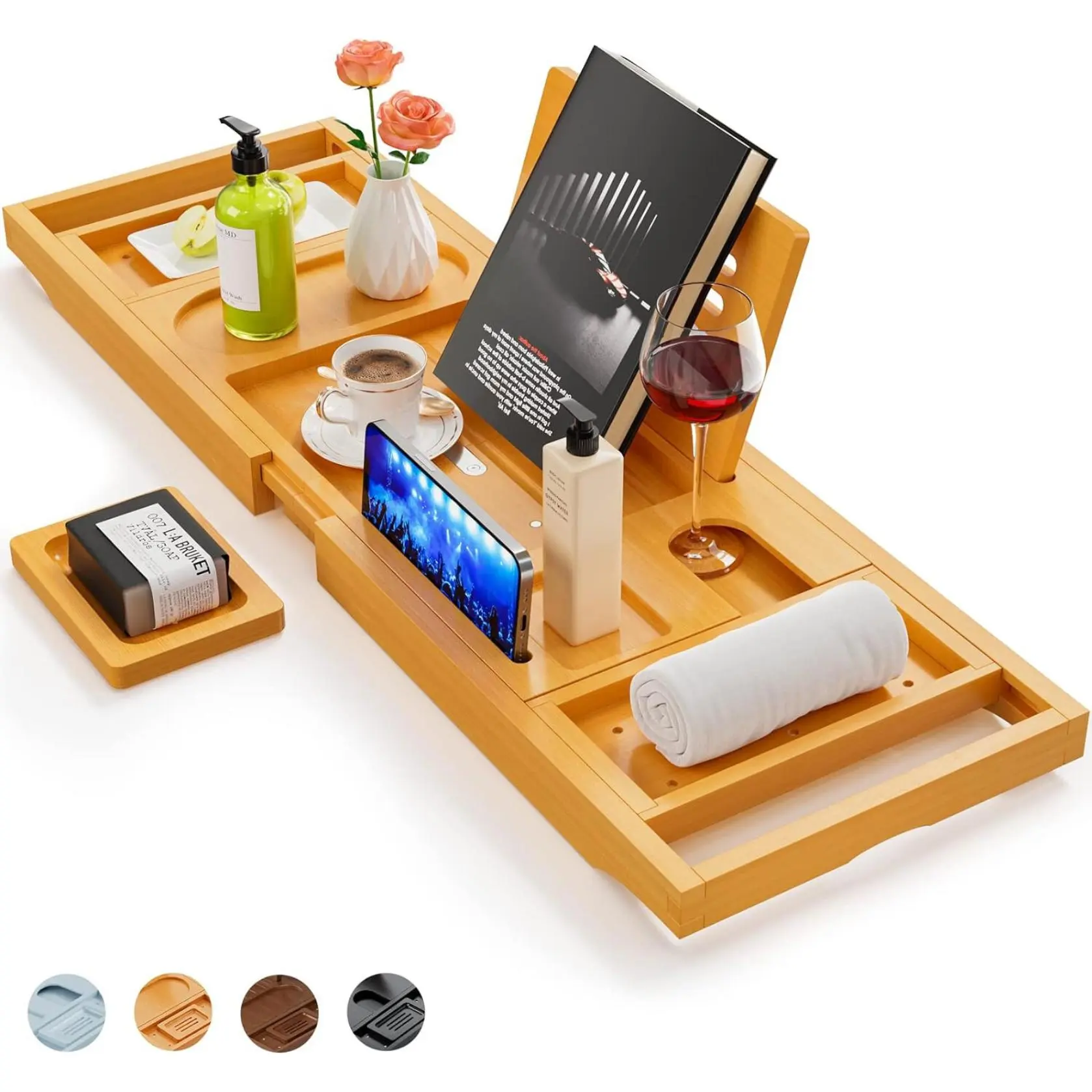 Limited time Deal Premium Bathtub Tray Caddy - Expandable Bath Tray - Unique House Warming Gifts,  Bridal Shower Gift for Women Soap Removable Bamboo