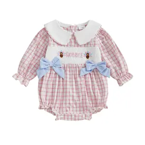 Baby Girl Thanksgiving Turkey Smocked Sweatshirt Bubble Romper Long Sleeve Peter Pan Collar Plaid Jumpsuit Boutique Fall Clothes