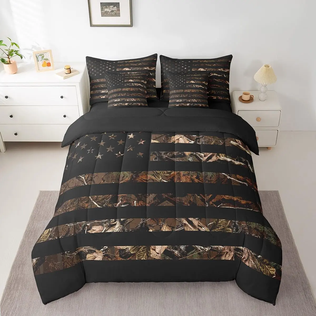 Feelyou 7-Piece Bedroom Bedding Set - American Flag & Brown Camouflage Botanical Microfiber Bed-in-A-Bag, All-Seasons Comforter, Sheet Sets, Hunting-Themed Branch Pillowcases, Machine Washable, Multi-Size, Microfiber Bedding Set