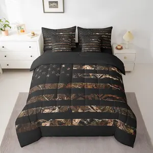 American Flag 7 Pieces Bedding Set,Brown Camouflage Botancial All Season Bed in A Bag with Comforter,Sheets,Pillowcases Branch Hunting Bed Set