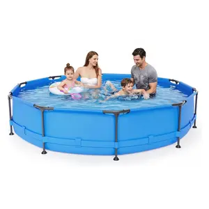【Father's Day Gift】Father's Day Gift 10ft x 30in Metal Frame Above Ground Swimming Pool, Outdoor Backyard Famliy Pool Set with Puncture-Resistant Fabric, Drainage Valve Connector for Kids & Adults (10' x 30", Round, Blue)