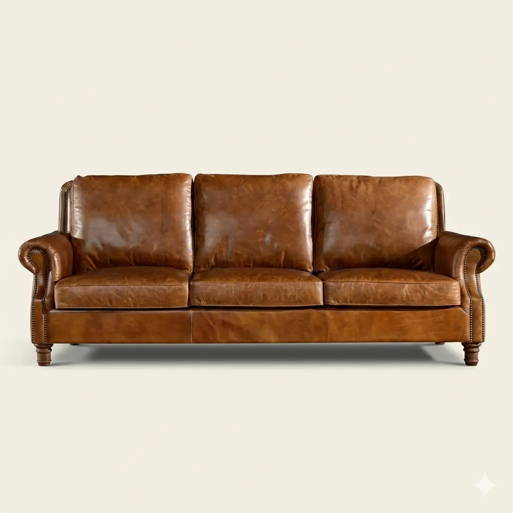 Crafters and Weavers English Rolled Arm 100% Genuine Leather Relaxation Sofa - Light Brown Indoor Furniture Couch