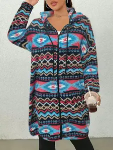 Autumn Winter Hooded Long Coat, Long Sleeve, Fashionable and Warm, Geometric Pattern, Fitted Style, Casual Wear, Casual Fashion Knit, Women's Outerwear, Womenswear