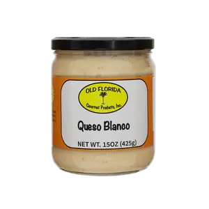 Old Florida Gourmet Queso Blanco  | Creamy, delicious, and mildly spicy cheese dip or topping in a glass jar. ️ Latin Cheesy flavor. Salty Savory Rich