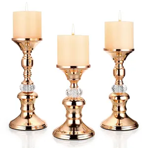 Rose Gold Pillar Candle Holders Set of 3 - Elegant Metal Crystal Candlestick Holders for Table Centerpiece, Candle Holder Centerpieces, 5.9"/7.5"/8.3" Height Candle Stands for Wedding Reception, Party, Modern Home Decor, Home Decoration, Room Decor