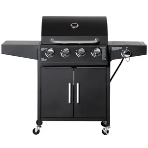 Outsunny 4 Burner Propane Gas Grill with Side Burner, 50,000 BTU Steel Outdoor Barbeque/Barbecue, Wheels, Warming Rack, Shelf, Cabinet, Thermometer, Silver