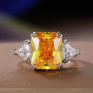 F1539 Luxury Yellow Topaz Ring – Square-Cut Gemstone with Diamond Accents, Elegant Unisex Fine Jewelry