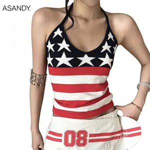 ASANDY Women's Y2K Star Stripe Halter Knit Crop Top, Summer Sleeveless Slim Fit Backless Cami Tank Top, Vintage Streetwear Going Out Vest