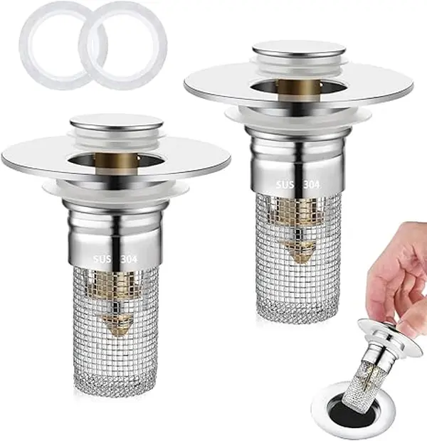 2Pcs Bathroom Sink Stopper Hair Catcher, Stainless Steel Floor Drain Filter for US Universal Replacement, Pop Up Sink Drain Filter with Basket Hair Catcher, Sink Drain Strainer 3-in-1 kitchen sink drain strainer Universal Dual Function Bathroom Stopper