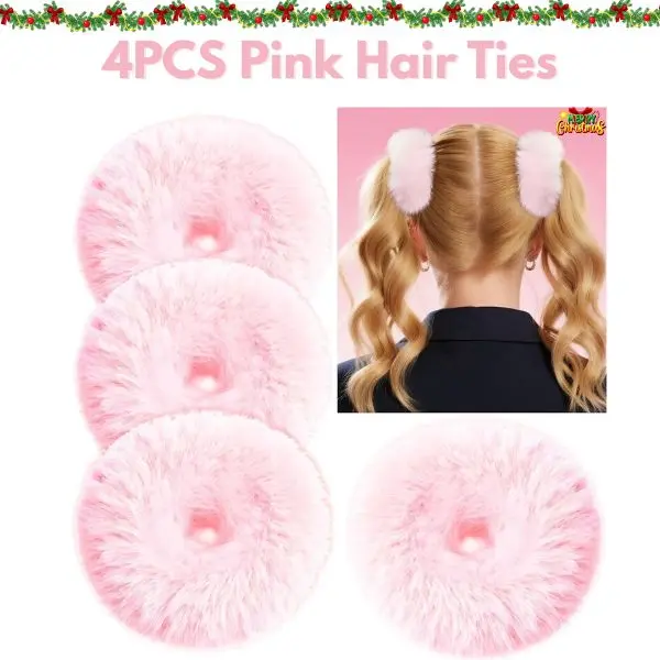 4 PCS Pink Furry Hair Ties – Faux Rabbit Fur Scrunchies, Ponytail Holders Hair Accessories for Girls & Women, Christmas & New Year Gift