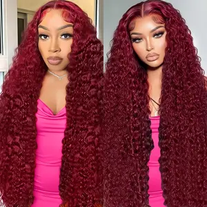 [30inch only $118]Zlzlblbl 13x6 Deep Wave Lace Front Wig Human Hair Pre Plucked 99J Burgundy HD Lace Front Wigs Wine Red Colored Transparent Lace Front Wig Human Hair Pre Plucked With Baby Hair