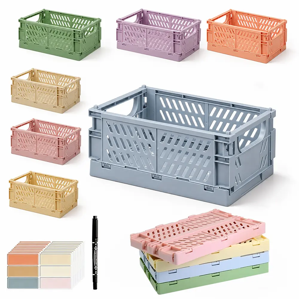 6PCS Small Pastel Plastic Storage Bins Foldable Pastel Crates Plastic Basket Colorful Storage Containers Baskets for Classroom Kitchen Office Bedroom Desktop Home Decor (10" x 6.54" x 4.13")