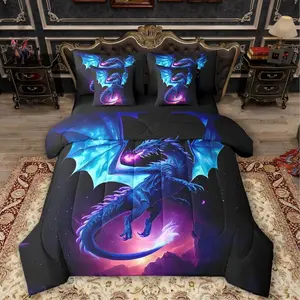 Blue Dragon - 7 Pieces Bed in a Bag Set Flying Dragon Bed in Set for Boys Girls Magical Dragon Bedding Sets with Comforter,Flat Sheet,Fitted Sheet,Pillowcases,Pillow Covers