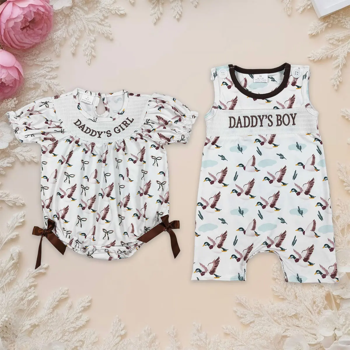 Baby Boys' Summer Cotton Blend Smocked Bodysuit - Snap Buttons, Fitted Cut, Easy Dressing, Mallard Ducks Hunting Theme, Cute Casual Top, Soft Sibling Matching Romper, Cozy, Embroidery, Short, Crew Neck, Elastane, 0-3 Months, Boys/Girls, 3-6M, All Over Pri