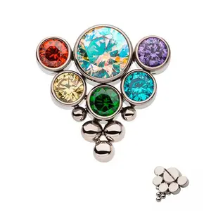 Beaded Hexad Rainbow CZ Threadless Titanium Top