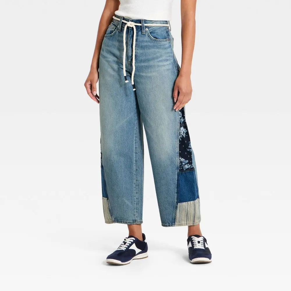Women's High-Rise Easy Barrel Bandana Print Jeans - Universal Thread Medium Wash 2 Long