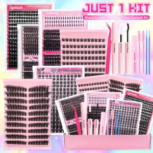 Lash Clusters Kit DIY Eyelash Extensions Lash Extension Wispy Eyelash Clusters with Lash Bond&Seal, Eyelash Glue, Gift Packs for Beginners Fluffy Lashes Cluster D Curl Volume False Eyelashes