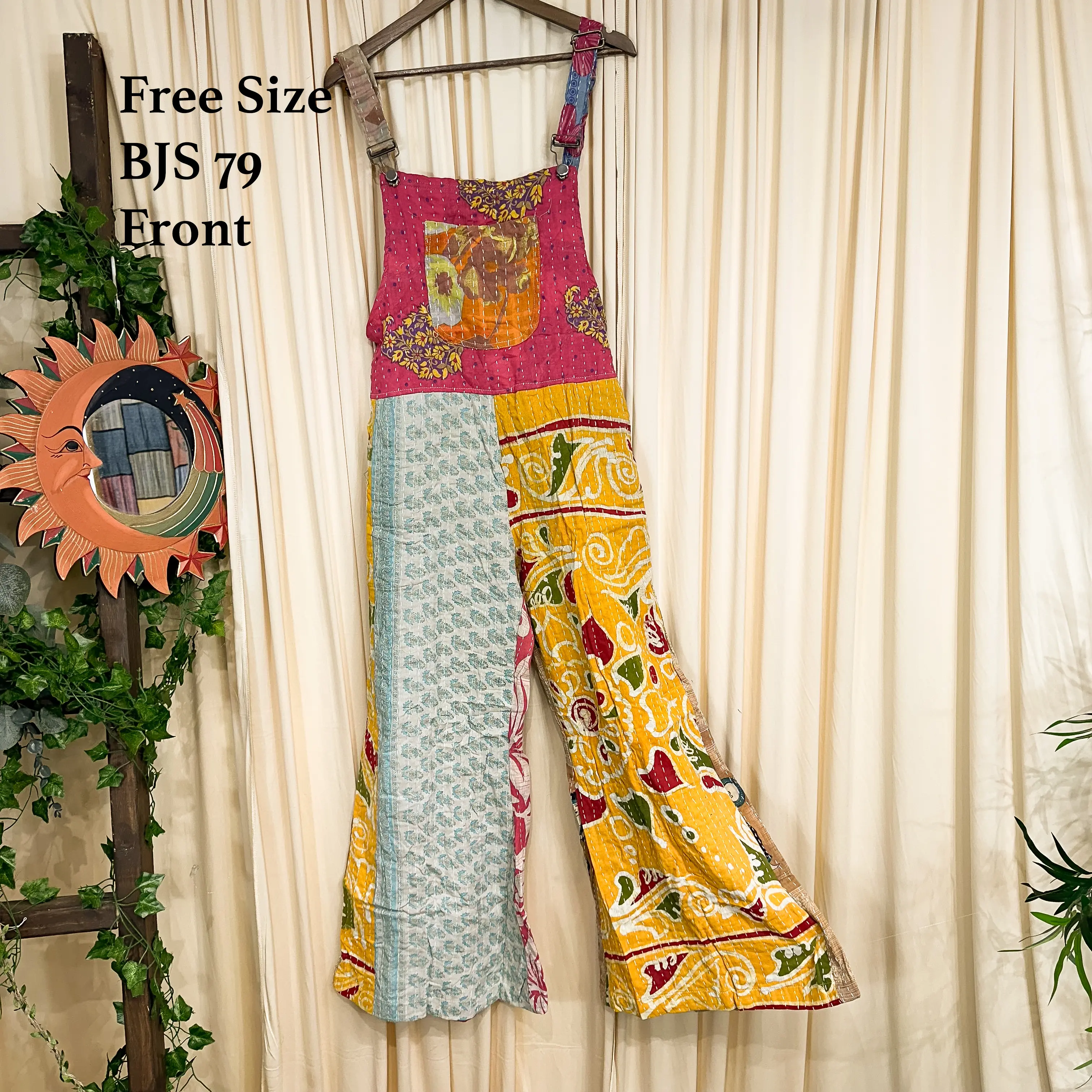 Boho Kantha Wide  Leg Jumpsuit, Cotton Flowy Dungarees, Bohemian Overalls, Hippie Bell Bottom Summer Rompers, Retro Free Spirit, Vintage Vibe