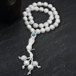12mm White Acrylic Lotus Pattern Bead Bracelet - 33-Piece Hand-Knotted Design, Adorned with Scenery Stickers, Prayer Supplies, Casual Daily Wear Accessory & Gift