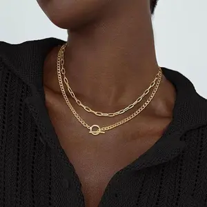 Women's fashion double-layer necklace, geometric OT clasp stacking necklace, personalized paper clip chain, trendy clavicle chain
