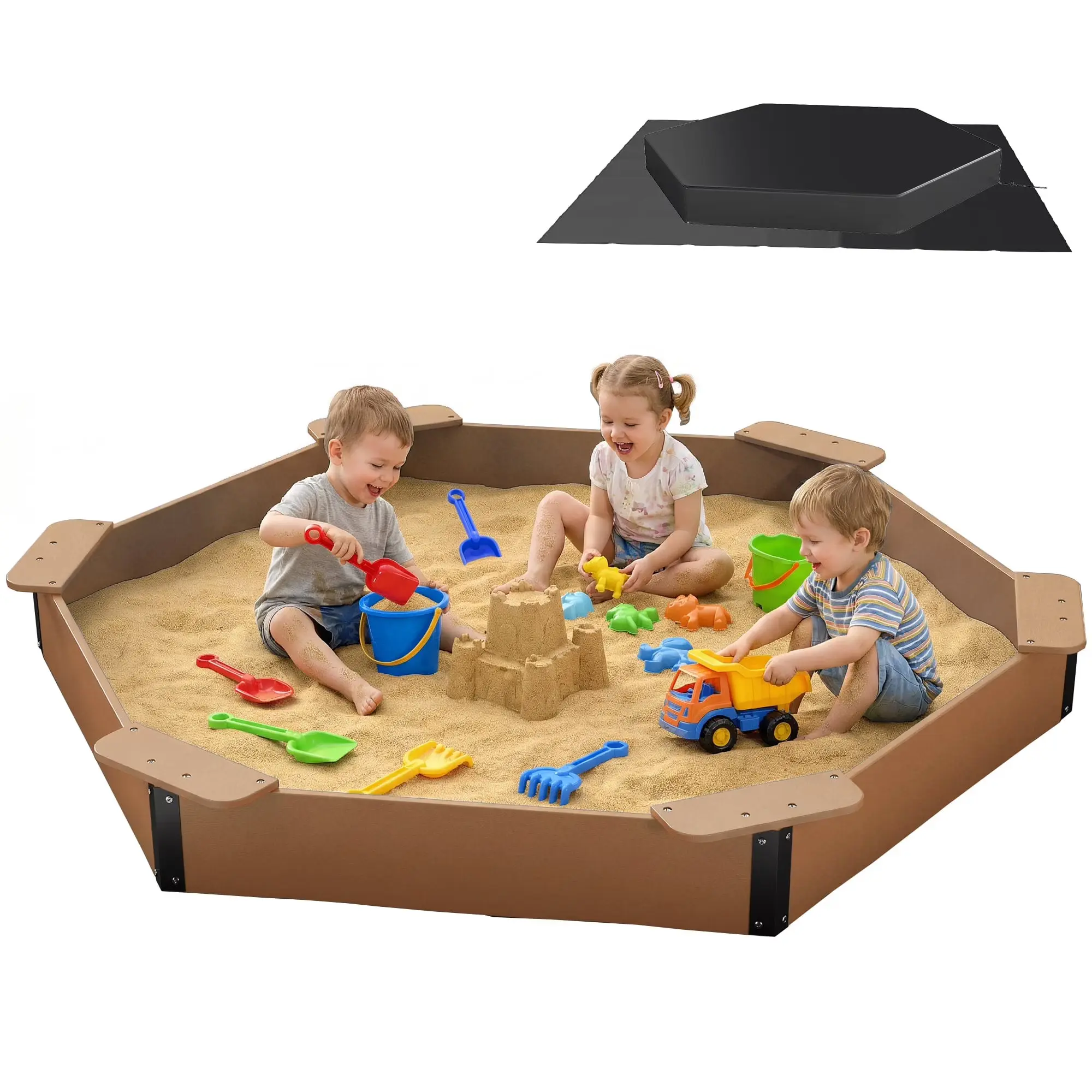 NAVINE HDPE Plastic Hexagonal Sandbox for 3-12 Years Old Kids, 78.33in x 68in x 8in Heavy-Duty Weatherproof Backyard Play Sandpit with Cover, Ground Liner, 6 Seats, Stable & Secure Design, Iron Corner Post Reinforcement, 39.7 lbs Weight & 220 lbs Capacity