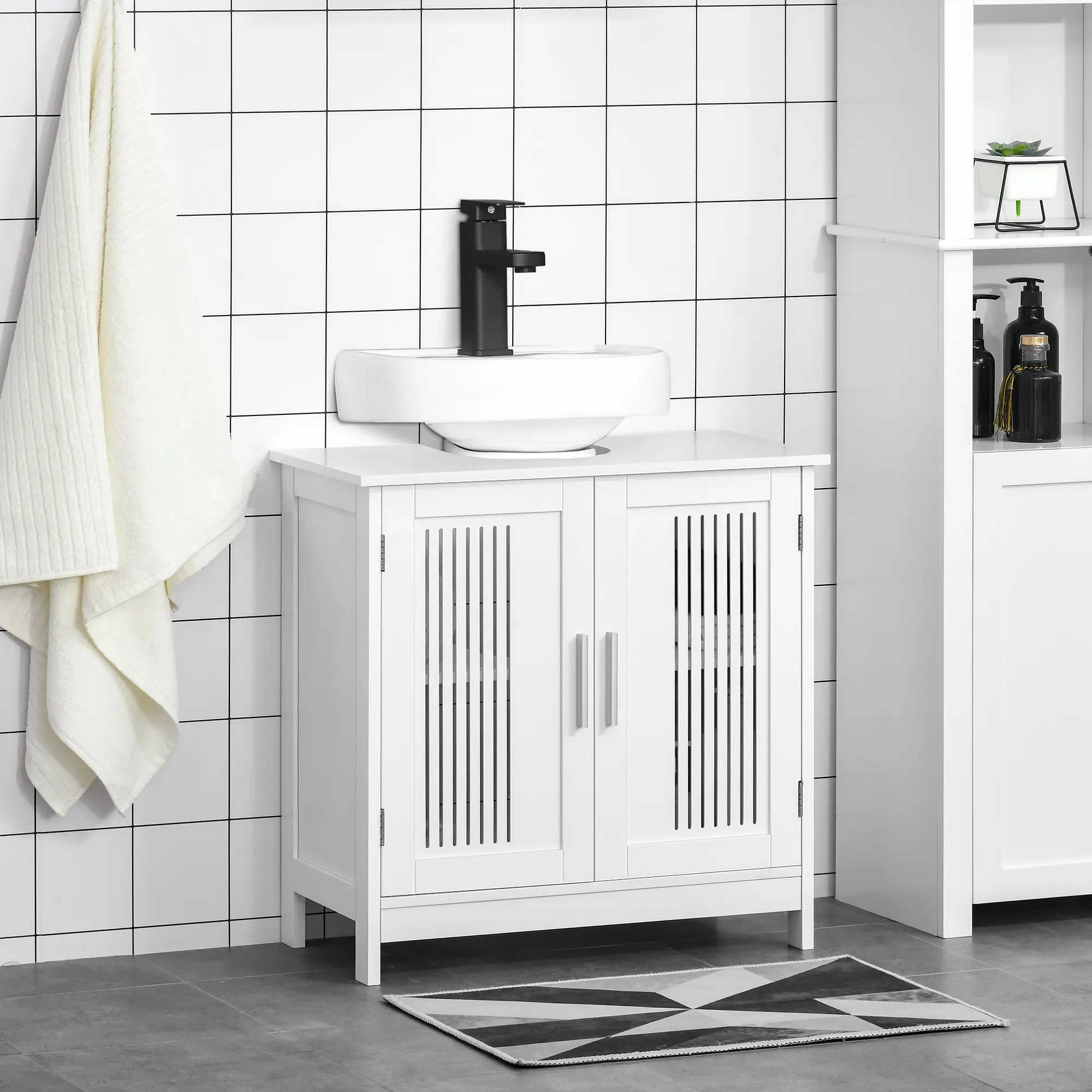 U-Shaped Under Sink Pedestal Cabinet – Fits Open Sinks to Maximize Storage. Adjustable Shelf for Custom Organization. Double Doors Protect from Moisture. Sturdy MDF. Holds 22 lbs. White
