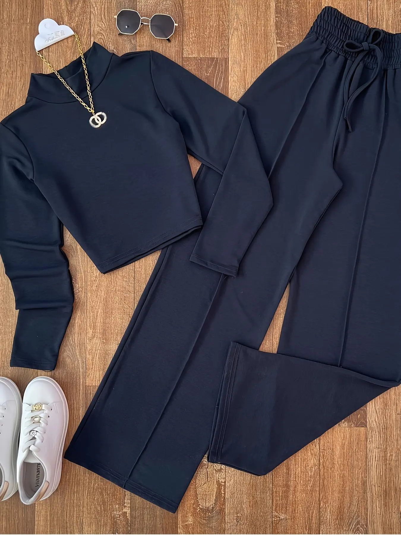 Women's Spring and Fall Long Sleeve Woven Two-Piece Set, Plain Pants Set, Minimalist Slim-Fit Casual Basic Outfit for Daily Wear