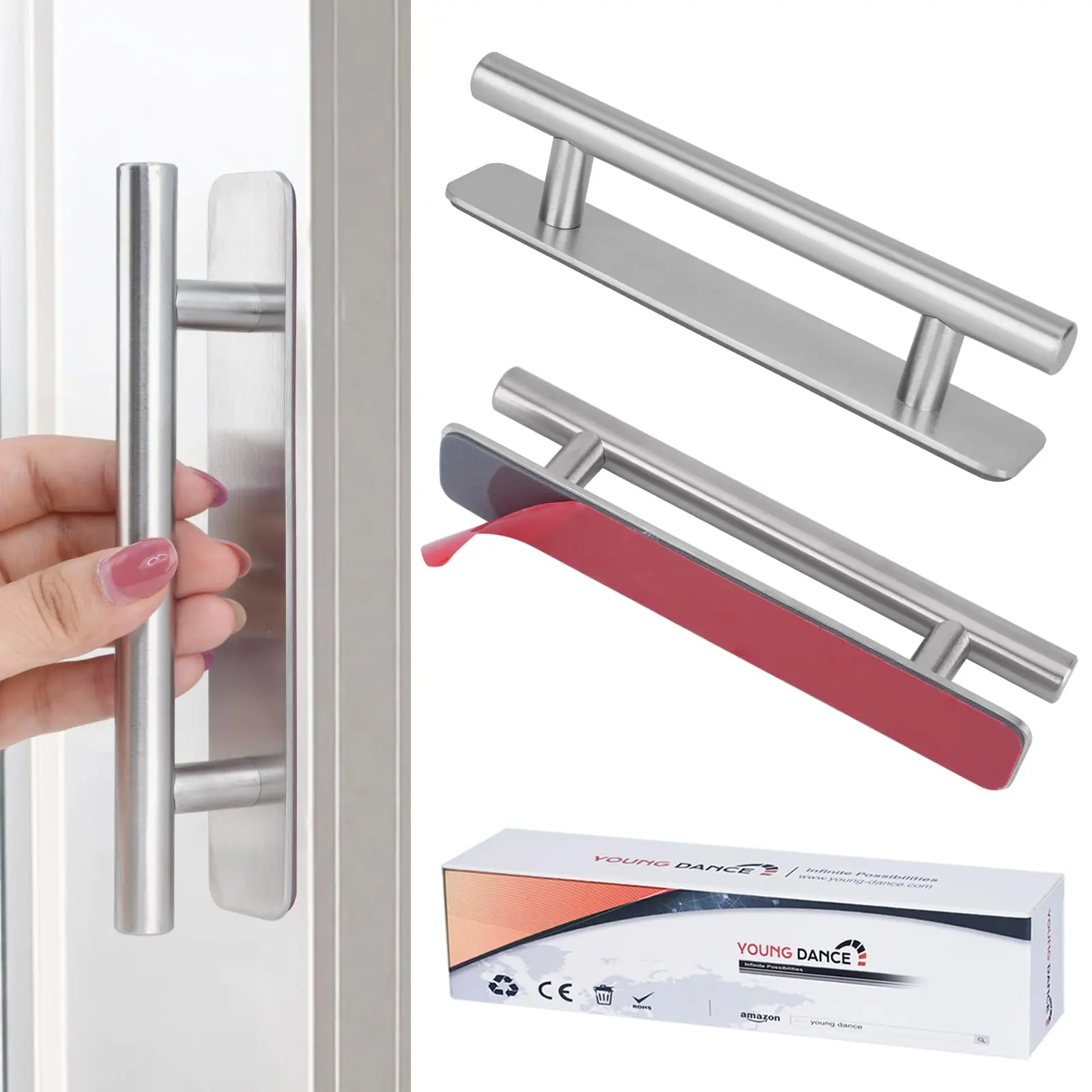 Self-Stick Instant Cabinet Drawer Handles Pulls - 5" Stainless Steel Adhesive Door Handles, No Drilling Design, Stick On Handle for Cabinets Drawer Door Window Wardrobe Handle - 2Pcak