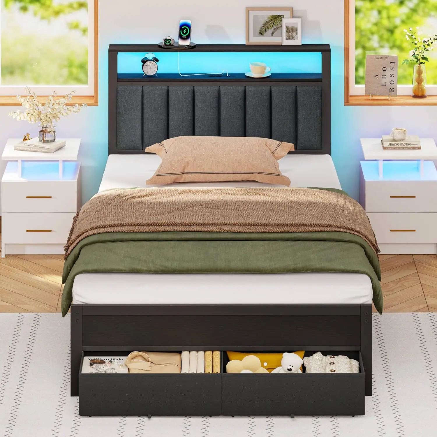 Single Size Grey Upholstered Modern Platform Bed Frame with Charging Station, LED Lights, Headboard Shelves, Metal Base, 2 Under-Bed Storage Fabric Drawers on Wheels, No Box Spring Needed Bedroom Furniture, Sturdy Platform Bedframe, Smart Led Bed