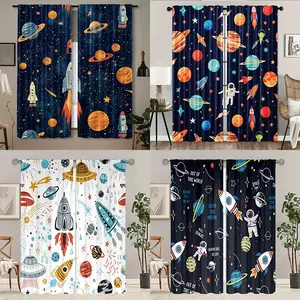 1 set of two pieces, children's space-themed rocket curtains, modern rod pocket, Easy Install Curtain, polyester, 90g fabric, modern style, machine washable, unlined, seasonal, Home Decoration Curtain, decorative curtains for bedrooms or living rooms