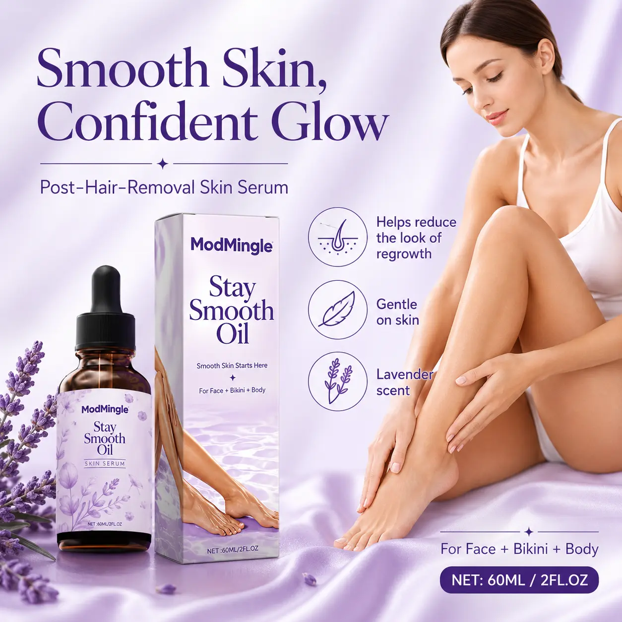 Women's ModMingle After Shave Oil - Lavender Scent Botanical Moisturizer for Smooth Skin, Calms Skin After Shaving or Waxing, 0.42lb Face + Body Post Hair Removal Oil