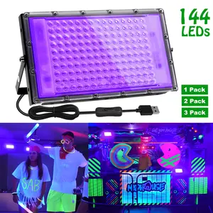 1/2/3 Pack 144 LEDs Black Light, UV Blacklight Flood Lamp with USB Plug, DC 5V, for Halloween Party Night Light, Stage Lighting, Aquarium, Body Paint, Fluorescent Posters, Neon Glow, 385-400nm Waterproof Deck