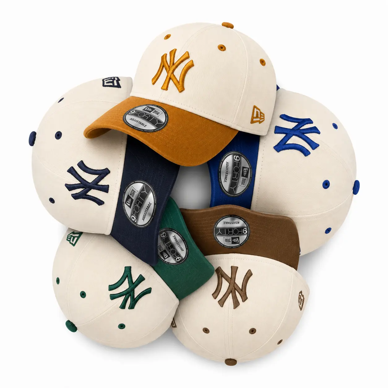 New York Yankees 9FORTY Strapback Baseball Cap – Curved Brim Adjustable Hat with Metal MLB Logo Buckle, Unisex, Various Colors