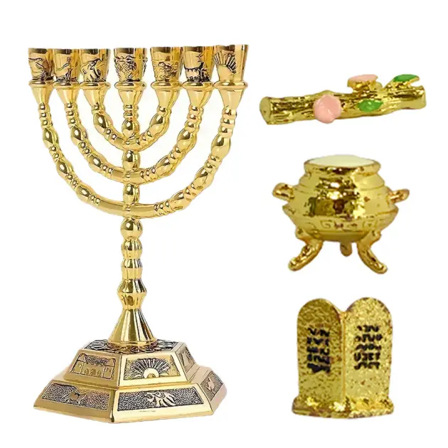 7 Branch Menorah Set with Ten Commandments Tablets, Aaron’s Rod & Manna Pot, Gold Plated Judaica Temple Replica Decor for Home & Church