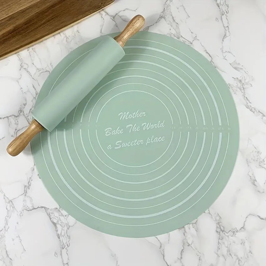 Silicone Pastry Mat & Rolling Pin Set, 1 Set Kitchen Baking Tools Bakeware Baking Supplies for Cake & Dough Making, Round Home Potholder Style Set, Kitchen Utensils Kitchenware