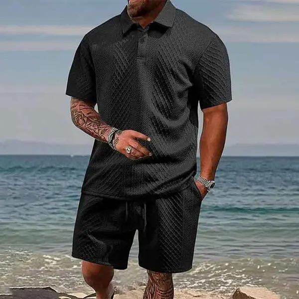 Men’s summer diamond jacquard short-sleeve polo shirt + shorts two-piece set, breathable casual outfit suitable for work, golf, everyday wear, and outdoor activities
