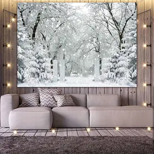 Winter Wonderland Snowflake Forest Scene Photography Backdrop Elegant White Snow-Covered Trees Stone Pathway Perfect for Christmas Holiday Parties Weddings Birthdays Graduations Durable Polyester Fabric 230x180cm 90.55x70.86inch Banners