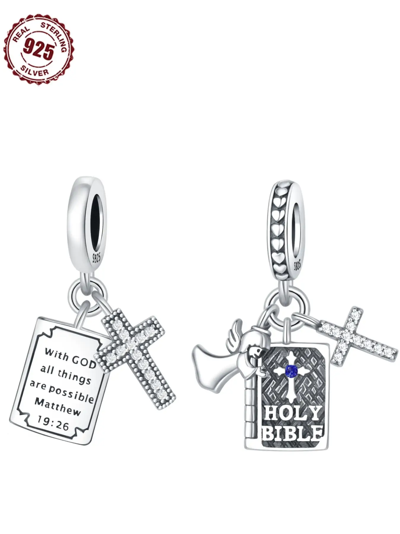 925 Sterling Silver Religious Symbol Charm, 1 Count Cross & Book & Angel Design Pendant for DIY Bracelet & Necklace, Fashion Jewelry Accessories for W
