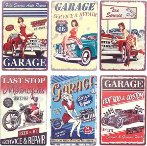 6PCS Vintage Garage Tin Signs – Retro Car Wall Decor for Man Cave, Workshop, or Bar (8×12 In, 6 Designs)