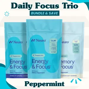 Daily Focus Trio - 0mg, 40mg & 100mg Caffeine Gum - Peppermint (3-Bulk Pouches)