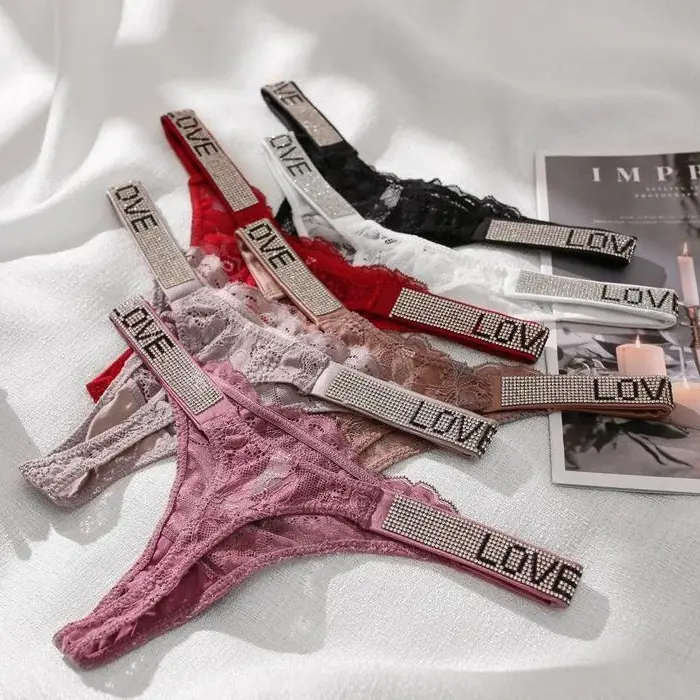 Three Pieces of LOVE Rhinestone thongs - Rhinestone Thongs - Shiny, Ultra-thin Sheer Lace - Lingerie, Underwear Underpants For Women