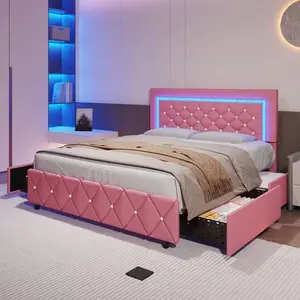 Twin/Full/Queen Bed Frame With Drawers| Upholstered Platform Bed With LED Lights, Diamond Tufted Design & USB Power| Pink PU Material Headboard & Footboard| No Box Spring Needed Stable Bedroom Furniture For Home Use