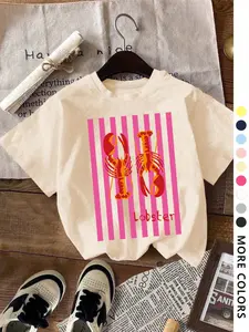 Women's Lobster Print Round Neck Tee, Trendy Casual Short Sleeve T-shirt for Daily Wear, Ladies All Seasons Outfit, Top, Womenswear